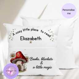 Personalised Whimsical Reading Cushion With Pocket, Kids Book Pillow, Woodland Mushroom Nursery Decor, Custom Name Gift For Children - thumbnail 3