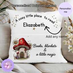 Personalised Whimsical Reading Cushion With Pocket, Kids Book Pillow, Woodland Mushroom Nursery Decor, Custom Name Gift For Children - thumbnail 1