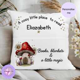 Personalised Whimsical Reading Cushion With Pocket, Kids Book Pillow, Woodland Mushroom Nursery Decor, Custom Name Gift For Children - thumbnail 2