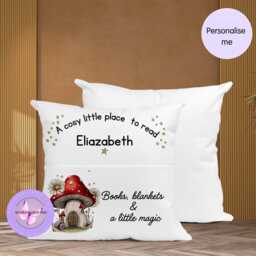 Personalised Whimsical Reading Cushion With Pocket, Kids Book Pillow, Woodland Mushroom Nursery Decor, Custom Name Gift For Children - thumbnail 4