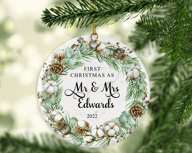 Personalised First Christmas Married Ornament Ceramic Or Mdf Acrylic Bauble Custom Hanging Disc Keepsake - image 1