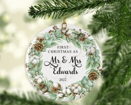 Personalised First Christmas Married Ornament Ceramic Or Mdf Acrylic Bauble Custom Hanging Disc Keepsake - thumbnail 1