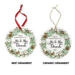 Personalised First Christmas Married Ornament Ceramic Or Mdf Acrylic Bauble Custom Hanging Disc Keepsake - thumbnail 3