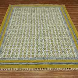Hand Block Print Cotton Rug - 9x12 Feet Yellow, Brown Area Carpet Kilim Dhurrie - thumbnail 2