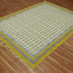 Hand Block Print Cotton Rug - 9x12 Feet Yellow, Brown Area Carpet Kilim Dhurrie - thumbnail 3