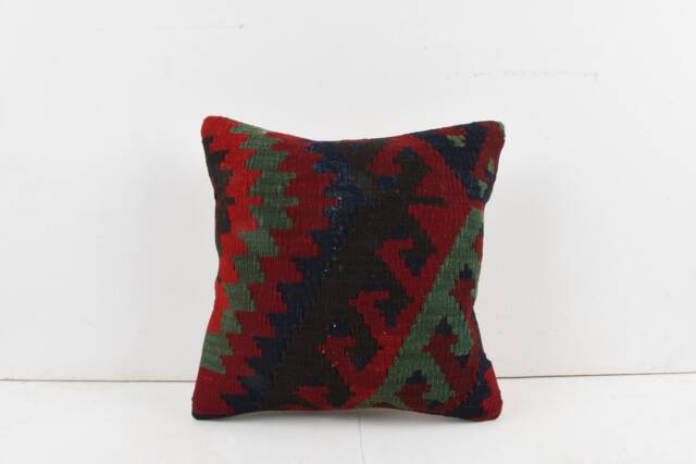 Vintage Turkish Kilim Pillow Cover Handwoven Wool Cushion - 16x16 - image 1