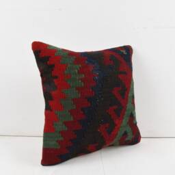 Vintage Turkish Kilim Pillow Cover Handwoven Wool Cushion - 16x16 - thumbnail 2
