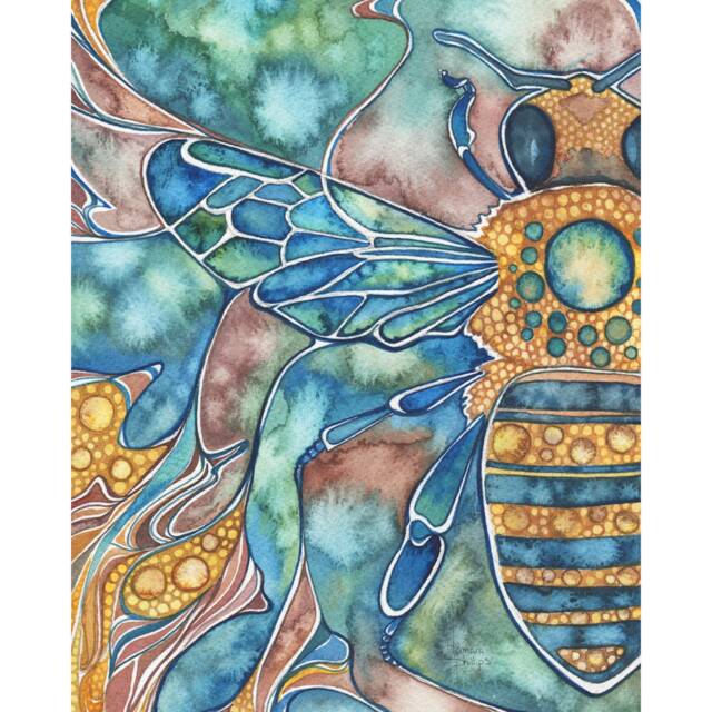 Honey Bee Watercolor Print Art Nouveau Floral Illustration - image 1