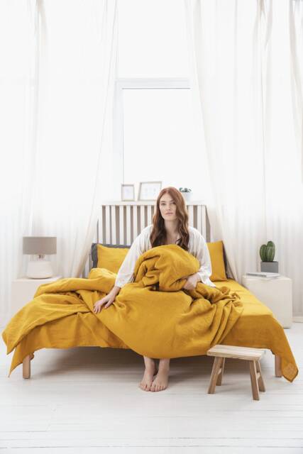 Linen Bedding Set Duvet Cover & 2 Pillowcases Softened Linen in Mustard With Zipper Closure Valentines Day Gift - image 1