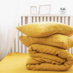Linen Bedding Set Duvet Cover & 2 Pillowcases Softened Linen in Mustard With Zipper Closure Valentines Day Gift - thumbnail 3