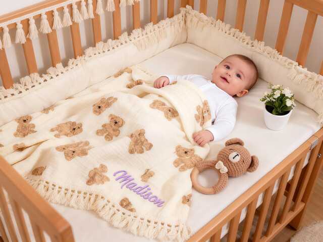 Personalized Teddy Bear Baby Blanket Embroidered Cotton Newborn Gift - image 1