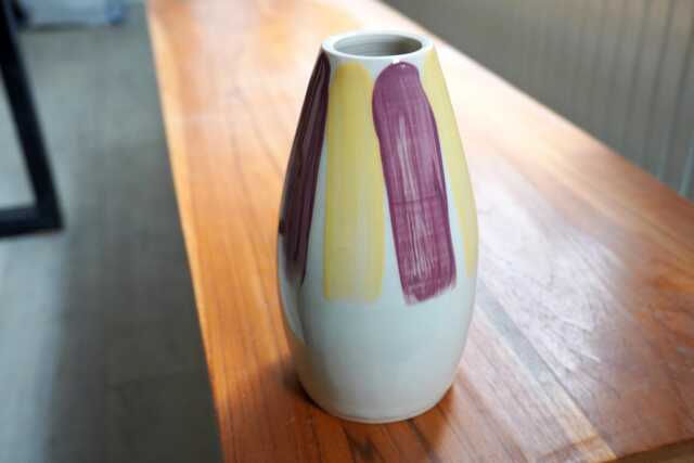 Sale - Hand Thrown Pottery Vase, Striped Yellow & Burgundy Stoneware - image 1