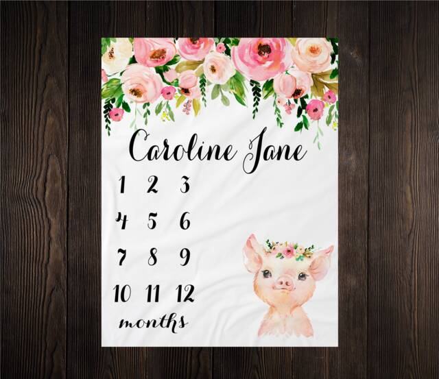 Girl Milestone Blanket Personalized Monthly Growth Tracker Custom Baby Shower Gift For New Mom Farm Animal Pig Newborn Nursery - image 1