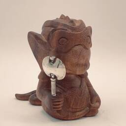 Teak Wood Carved Anime Mouse Statue, Cyber-Ganesh Companion - thumbnail 2