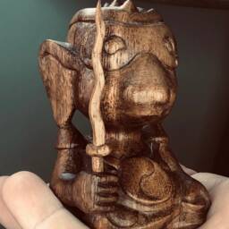 Teak Wood Carved Anime Mouse Statue, Cyber-Ganesh Companion - thumbnail 4