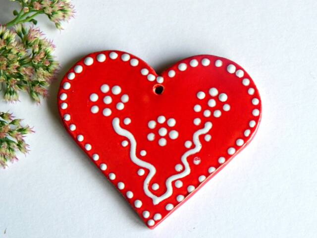 Set Of 2 Ceramic Valentines Day Ornament, Home Decoration, Traditional Christmas Read Heart Gift, Pottery Ornament - image 1