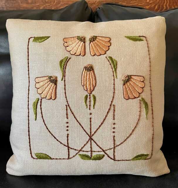Hand Embroidered Craftsman, Art Nouveau, Cone Flower Pillow - image 1