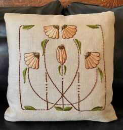 Hand Embroidered Craftsman, Art Nouveau, Cone Flower Pillow