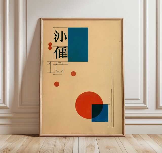 Japanese Abstract Geometric Poster, Bauhaus Minimalist Wall Art, Modern Retro Print, Red Blue Circle Composition, Mid Century Decor - image 1