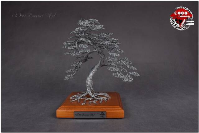 Wire Bonsai Tree On Wooden Base For A Gift - Engraved Dedication Of Wisdom Immortality Steel 11Th Wedding Anniversary - image 1