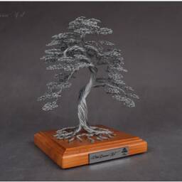Wire Bonsai Tree On Wooden Base For A Gift - Engraved Dedication Of Wisdom Immortality Steel 11Th Wedding Anniversary - thumbnail 2
