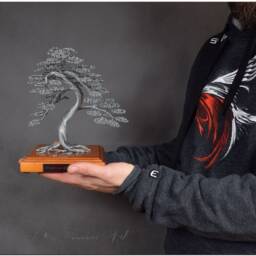 Wire Bonsai Tree On Wooden Base For A Gift - Engraved Dedication Of Wisdom Immortality Steel 11Th Wedding Anniversary - thumbnail 4