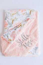 Personalized Baby Blanket, Minky Blanket With Name, Monogram Floral Girl Champagne Rose - thumbnail 1