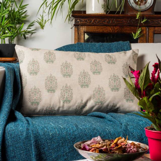 Apple Grove Linen Effect Xl Rectangular Cushion Cover in Pink & Green. Nature Inspired Geometric Trees Blossom Print. 23X15 - image 1