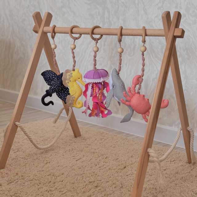 Baby Play Gym - Wooden Frame Toy Set Foldable Toddler Activity Center Montessori Toys Hanging Bar Newborn Gift - image 1