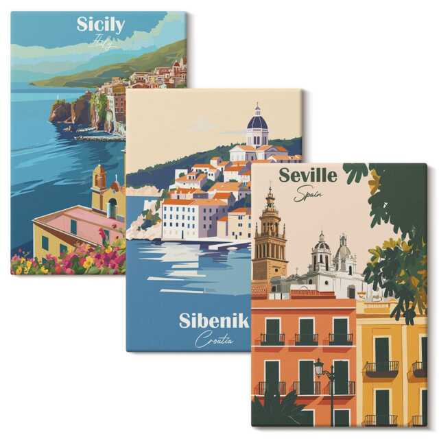 Canvas Wall Art Set Of 3 - Landscapes European Cities With Colorful Buildings, Multicolored Large Art, Travels Hanging Piece - image 1