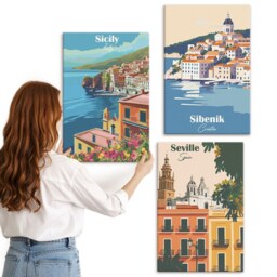 Canvas Wall Art Set Of 3 - Landscapes European Cities With Colorful Buildings, Multicolored Large Art, Travels Hanging Piece - thumbnail 2