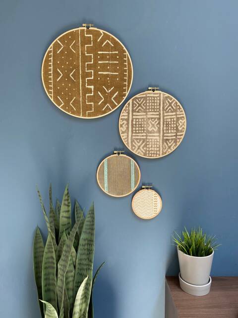 Set Of 4 - Mudcloth Textile Gallery Wall Art Wood Circle Frame Various Sizes, Modern Boho, Authentic Vintage - image 1