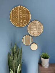 Set Of 4 - Mudcloth Textile Gallery Wall Art Wood Circle Frame Various Sizes, Modern Boho, Authentic Vintage - thumbnail 1