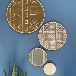 Set Of 4 - Mudcloth Textile Gallery Wall Art Wood Circle Frame Various Sizes, Modern Boho, Authentic Vintage - thumbnail 3