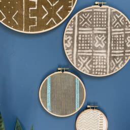 Set Of 4 - Mudcloth Textile Gallery Wall Art Wood Circle Frame Various Sizes, Modern Boho, Authentic Vintage - thumbnail 2