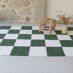 Green & White Check Rug 150x210cm , Living Room Rug, Checkered Area Kids Retro Bedroom Checkered Cream Area Rug - thumbnail 3