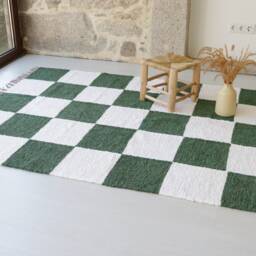 Green & White Check Rug 150x210cm , Living Room Rug, Checkered Area Kids Retro Bedroom Checkered Cream Area Rug - thumbnail 2