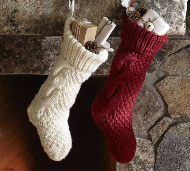 Hand Knitted Christmas Stocking Wool Yarn, Holiday Decor - image 1