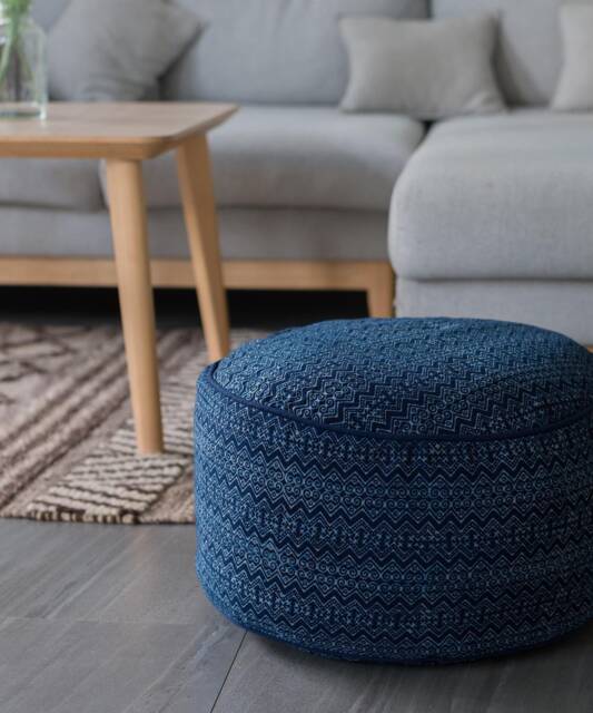 Ethnic Indigo Batik Ottoman Pouf, Hmong Hill Tribe Floor Cushion - 20x10 - image 1