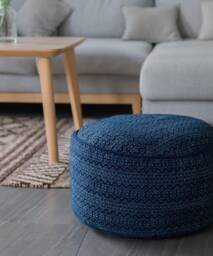 Ethnic Indigo Batik Ottoman Pouf, Hmong Hill Tribe Floor Cushion - 20x10 - thumbnail 1