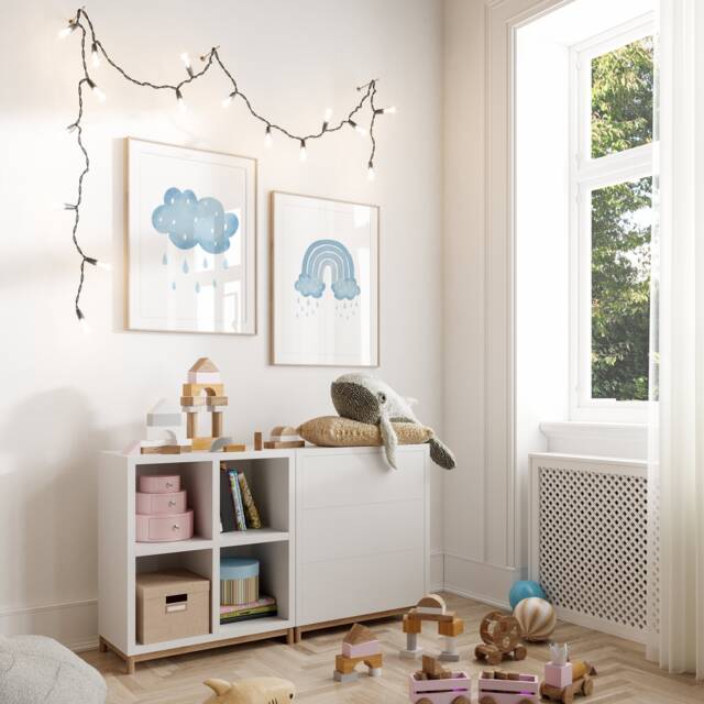 Blue Cloud Nursery Set Of 2, Rainbow Boys Bedroom Prints, Watercolour Style Nursery, Clouds Decor, Raindrops Play Room - image 1