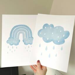 Blue Cloud Nursery Set Of 2, Rainbow Boys Bedroom Prints, Watercolour Style Nursery, Clouds Decor, Raindrops Play Room - thumbnail 3