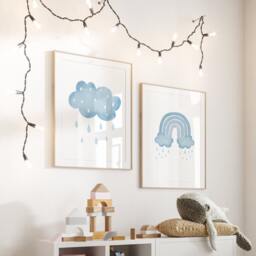 Blue Cloud Nursery Set Of 2, Rainbow Boys Bedroom Prints, Watercolour Style Nursery, Clouds Decor, Raindrops Play Room - thumbnail 2