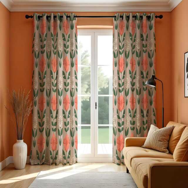 Retro Floral Curtains, Mid Century Modern Pattern Drapes in Terracotta & Green, Classic Style Window Panels, Made To Order Curtains - image 1