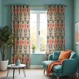 Retro Floral Curtains, Mid Century Modern Pattern Drapes in Terracotta & Green, Classic Style Window Panels, Made To Order Curtains - thumbnail 3