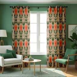 Retro Floral Curtains, Mid Century Modern Pattern Drapes in Terracotta & Green, Classic Style Window Panels, Made To Order Curtains - thumbnail 2