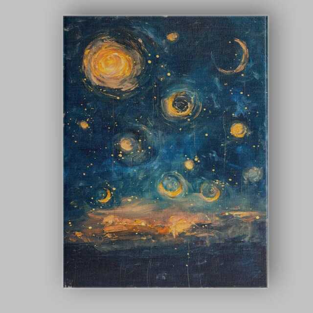 Golden Celestial Night Sky Abstract Moonlight Painting Canvas Wall Art Print Decor Picture Ready To Hang - image 1