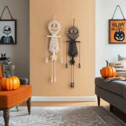 Macrame Skeleton, Halloween Hanging Decoration, Spooky Wall Art, Gothic Decor Bedroom, Gift, Goth Tapestry, White Skeleton W94 - thumbnail 4