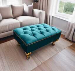 Handmade Chesterfield Tufted Velvet Ottoman - Golden Metal Legs