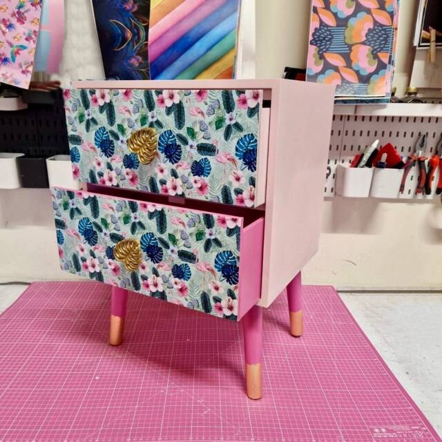 Light & Dark Pink Mint Flamingo Square Bedside Table, Two Drawers, Ideal Nightstand. Flamingo Baby With Gold. Customisable - image 1